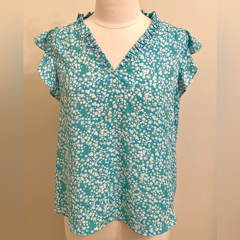 LOFT Outlet Petite Blue Green Ditsy Floral SZ LP Whimsical Romantic Ruffled Top